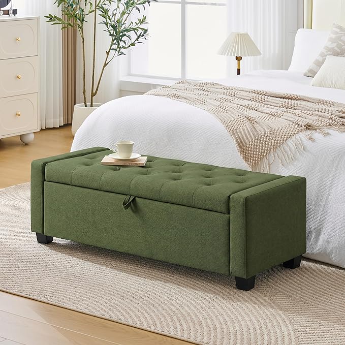 Huatean Home 48" Ottoman with Storage, Storage Ottoman Bench with Safety Hinge, Upholstered Entryway Bench with Seating for Bedroom, Living Room, Holds up to 330 lb, Green