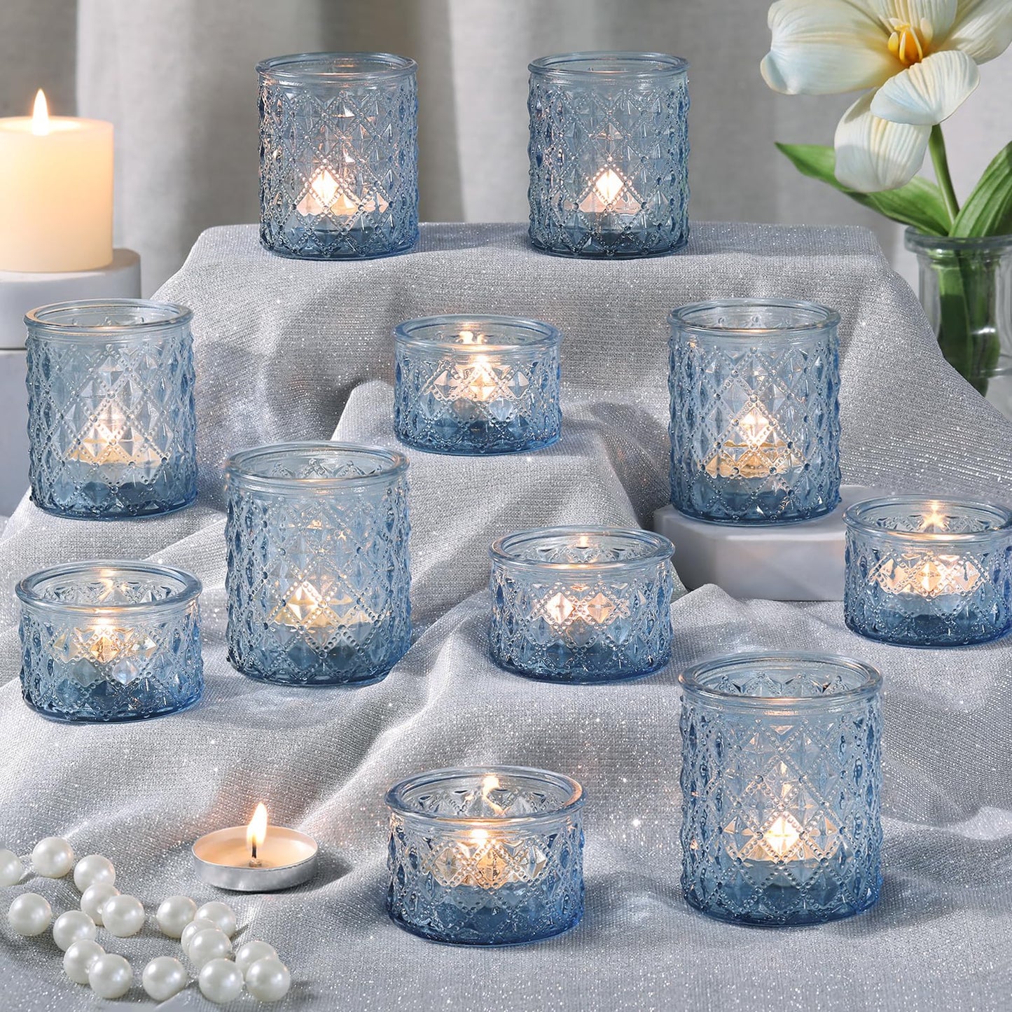MATAHUM 20 Pcs Blue Tealight Candle Holders,Glass Votive Candle Holders Bulk, 2 Sizes for Wedding Centerpieces, Beach Theme Bridal Shower, Baby Boy Shower, and Birthday Party Decor