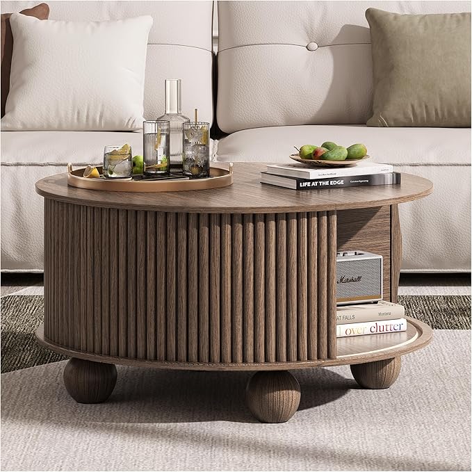 JOINICE Round Coffee Table with Storage, 31.5" Walnut Fluted Drum Center Table, Mid Century Modern Wood Circle Table with Sliding Door & Bun Feet for Living Room