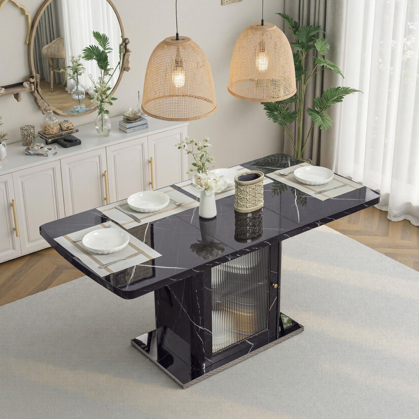 GDFStudio 47.24"-63" Farmhouse Extendable Dining Table for 4-6, Printed Marble Top Rectangle Dining Table with Storage Shelves & Glass Door Cabinet, Space Saving Kitchen and Dining Room Table, Black
