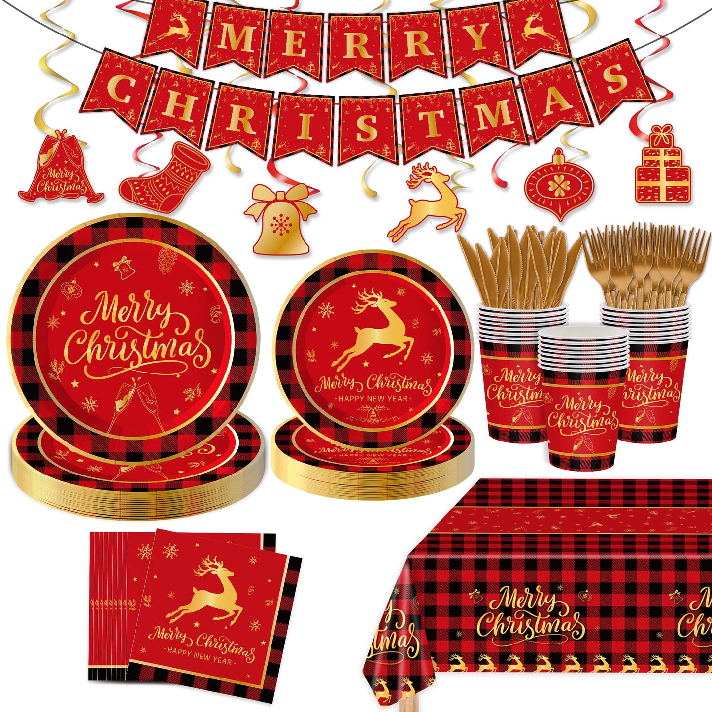 123PCS Christmas Party Supplies for 20 Guests Merry Christmas Themed Paper Plates Napkins Tablecloth and Banner Dessert Xmas Deer Party Decorations New Year Festival