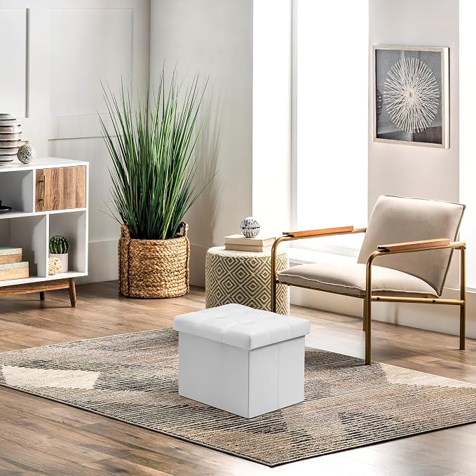 AmasSmile Storage Ottoman Foot Rest Stool, 17 inch Velvet Footstool Bench, Short Ottomans Stool, Small Folding Storage Ottoman Store Books, Records,White