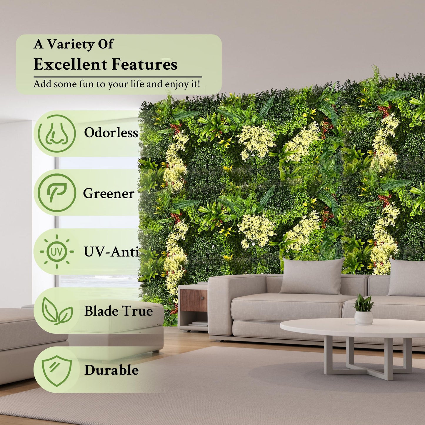 ODTORY Artificial 3D Plant Wall Panels: 60"x20" UV-Anti Faux Grass Wall Backdrop Boxwood Ivy Fence Privacy Screen Fake Greenery Leaf Hedge for Outdoor,Indoor,Garden,Backyard and Home Decor