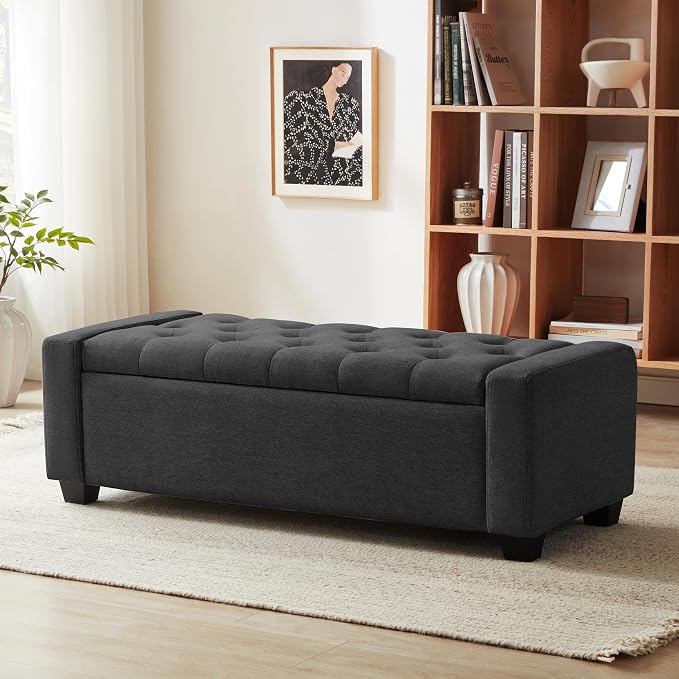 Huatean Home 48" Ottoman with Storage, Storage Ottoman Bench with Safety Hinge, Upholstered Entryway Bench with Seating for Bedroom, Living Room, Holds up to 330 lb, Dark Gray