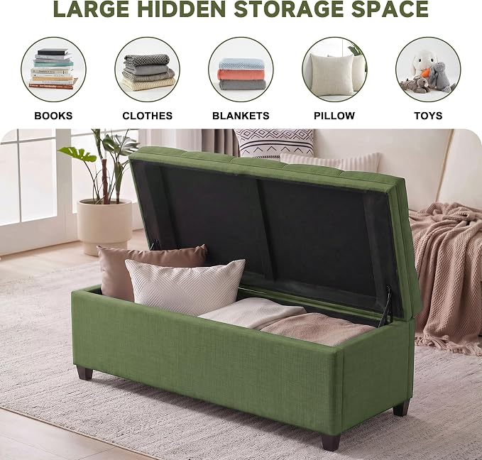 Mangodan 43" Storage Ottoman Bench, Tufted Ottoman with Storage for Living Room, Large End of Bed Ottomans, Modern Entryway Benchs, Window & Bedroom Benches for Foot of Bed (Green)