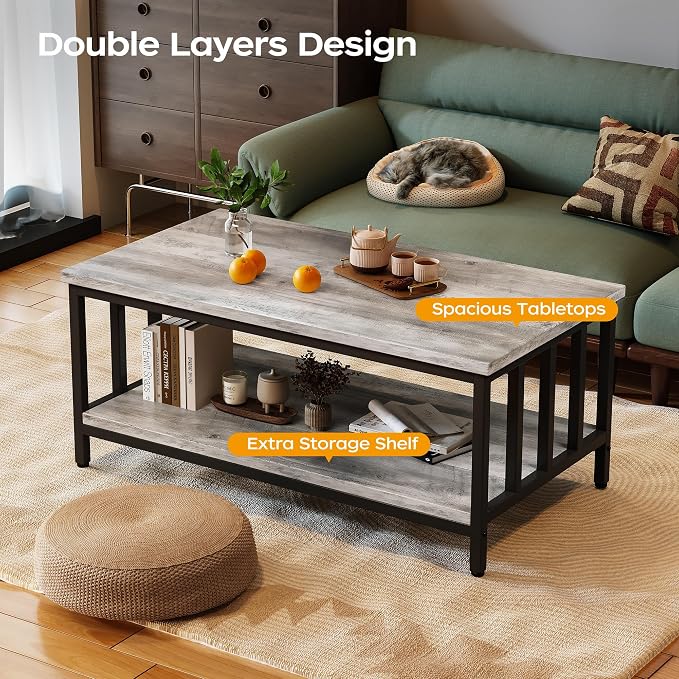 Homeiju Coffee Table for Living Room with Slatted Sides Frame, Modern Farmhouse Living Room Table with 2-Tier Storage Shelf for Home Office, Apartment, Grey Wash, 39 inch