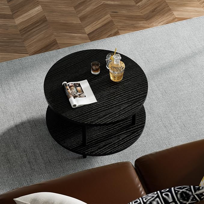 FAMIDGE Round Coffee Table, 23.6" Circle Coffee Table for Living Room, 2-Tier Wood Accent Center Table with Open Storage Industrial Design Home Furniture, Black
