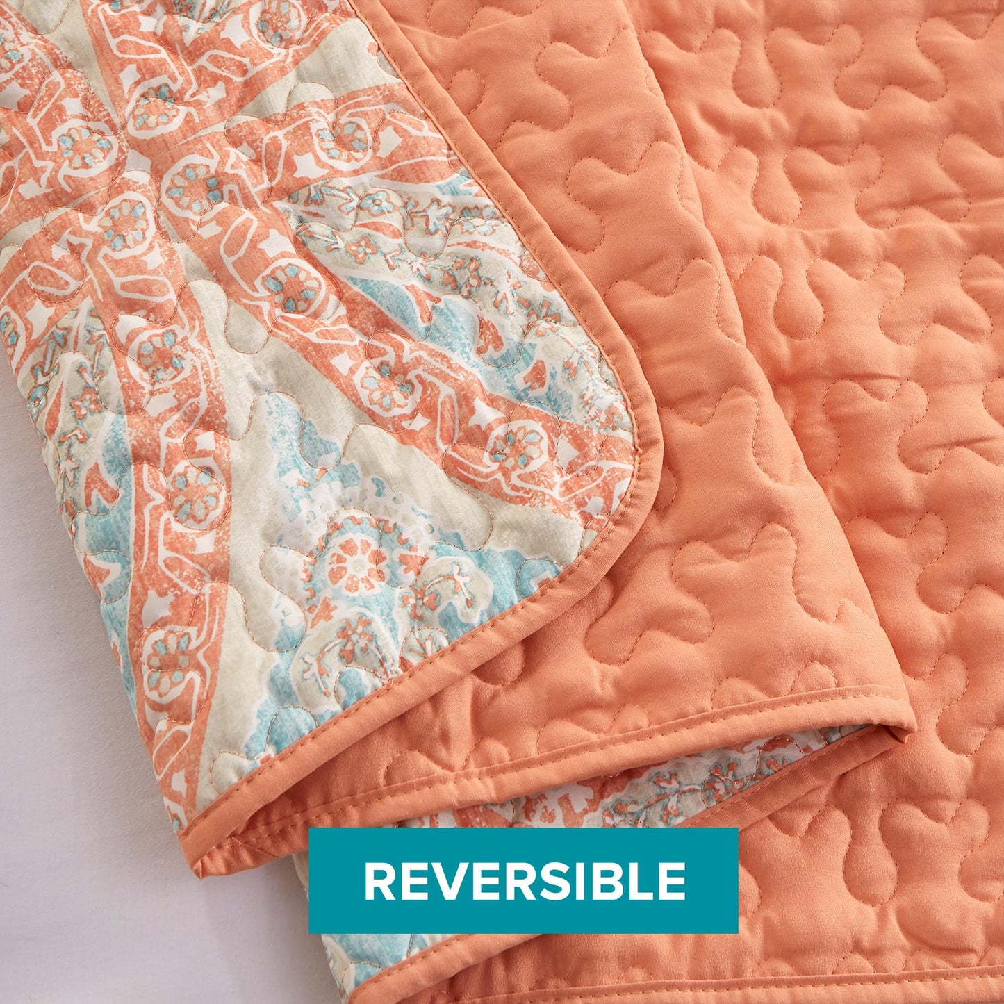 Comfort Spaces Reversible Quilt Set-Vermicelli Stitching Design All Season, Lightweight, Coverlet Bedspread Bedding, Matching Shams, Twin/Twin XL (66 in x 90 in, Gloria Damask Coral 2 Piece