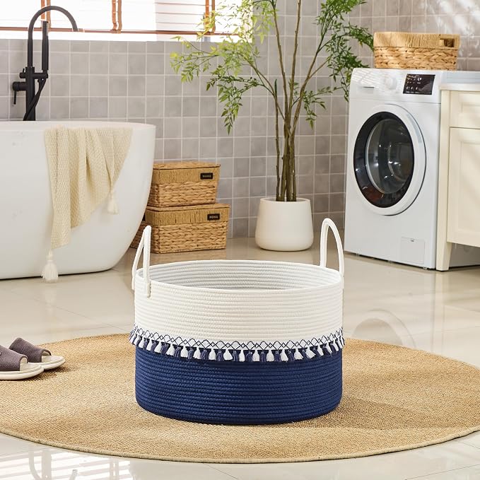 KAKAMAY Cotton Rope Storage Basket (20"x13"),Woven Hamper for Blankets,Toys,Pillows,Clothes,Laundry,Sturdy Handles Decorative Basket for Living Room, Bedroom,Nursery(Blue/Blue Fringe)