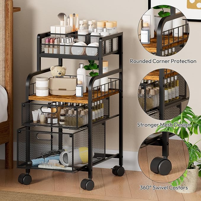 SWTYMIKI Rolling Cart with Drawers - Metal Craft Cart with Wheels, DIY Divider and Wood Shelf, Art Supply Organizer for Under Desk Storage, Utility Storage Cart for Home Office Studio, Espresso