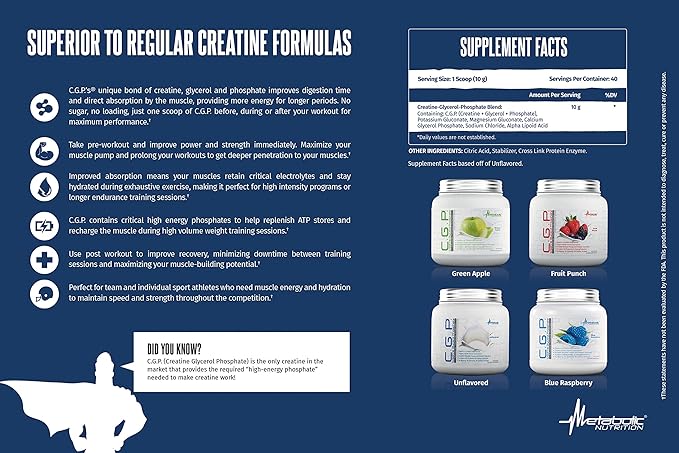 Metabolic Nutrition, CGP, Creatine Glycerol Phosphate, 100% Micronized Creatine Powder, Pre Intra Post Workout Supplement, Fruit Punch, 400 Grams (40 Servings)