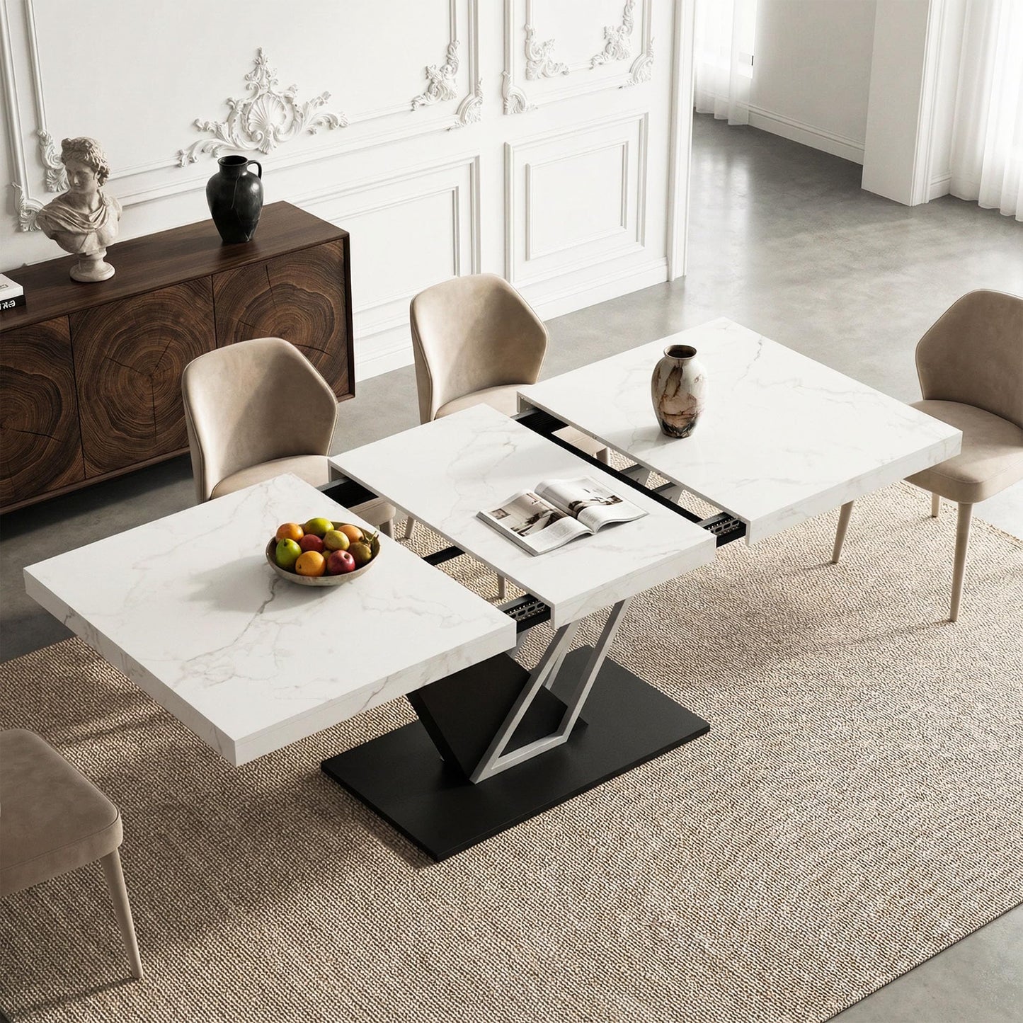 COSIEST 59'' to 78.7'' Extendable Dining Table for 4-8, Faux Marble Expandable Kitchen Table with Sturdy Metal Base, Rectangle Dinner Table for Small Space, Dining Room, Living Room, White