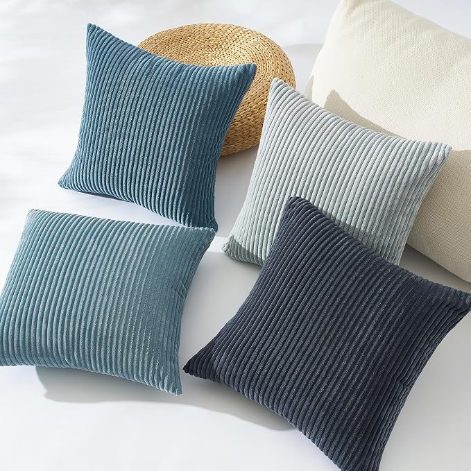 Topfinel BlueGray Throw Pillow Covers 18x18 Inch Set of 4,Soft Accent Corduroy Decorative Cushion Cover,Square Modern Pillow Case for Beach,Patio,Balcony,Living Room,Summer Gradient Shams Home Decor
