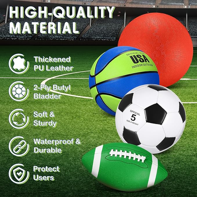 Lenwen 4 Pcs Sports Balls Set, Include Official Size Basketball Soccer Football Playground Ball Pump Equipment Bag for Teen Adult Gift Operation Christmas Ball Gifts
