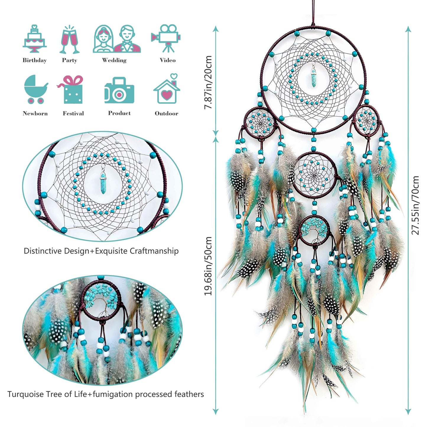 Large Dream Catchers,Boho Handmade Woven Turquoise Dream Catcher Wall Hanging Ornament for Bedroom Living Room Apartment Wedding Party Decor, Festival Blessing Gift (Turquoise)