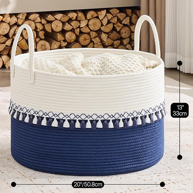 KAKAMAY Cotton Rope Storage Basket (20"x13"),Woven Hamper for Blankets,Toys,Pillows,Clothes,Laundry,Sturdy Handles Decorative Basket for Living Room, Bedroom,Nursery(Blue/Blue Fringe)