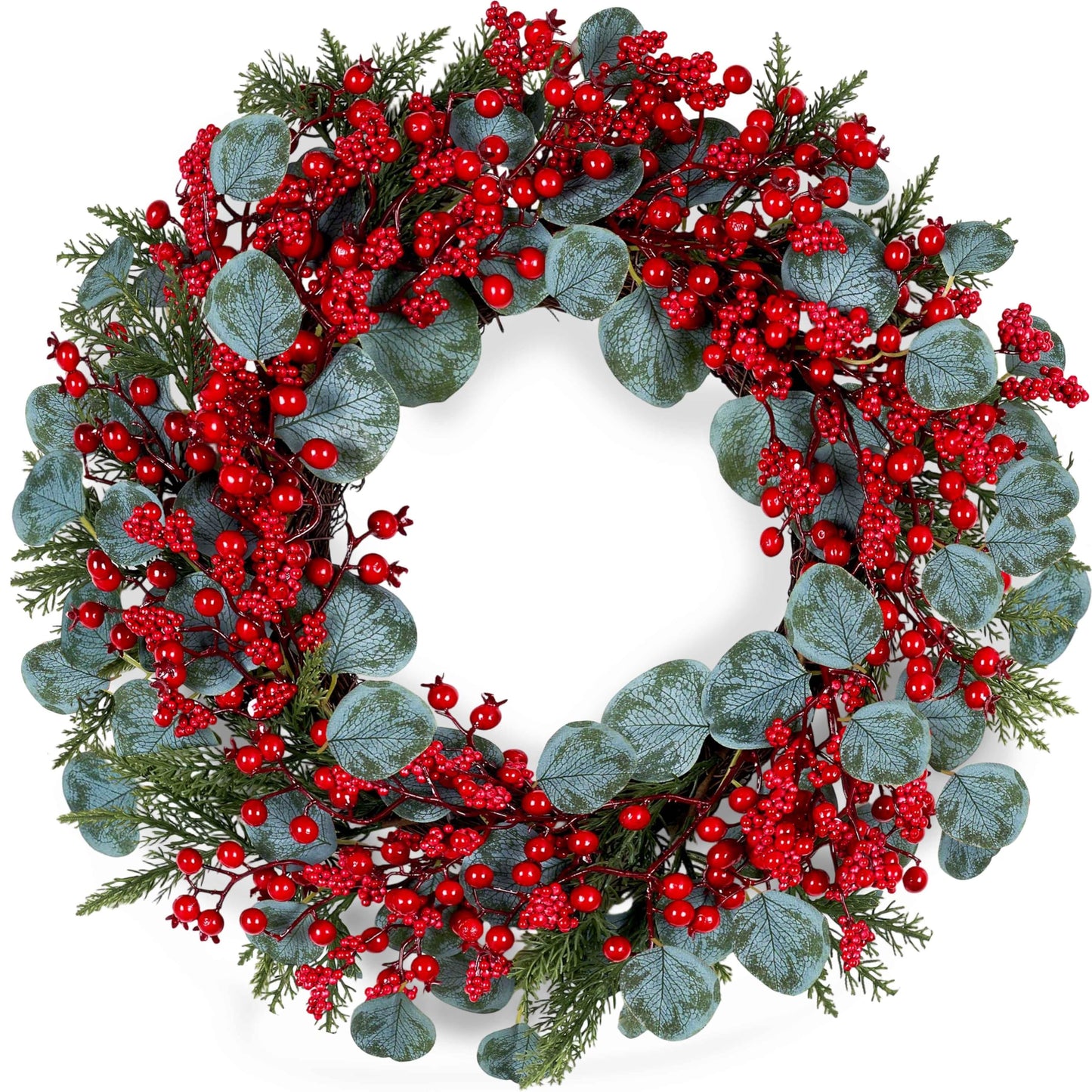 WSTPUPU Artificial Christmas Wreath 22inch Christmas Wreaths for Front Door Xmas Red Berry Wreath with Eucalyptus Leaves Pine Needles Red Berries for Wall Farmhouse Window Winter Holidays