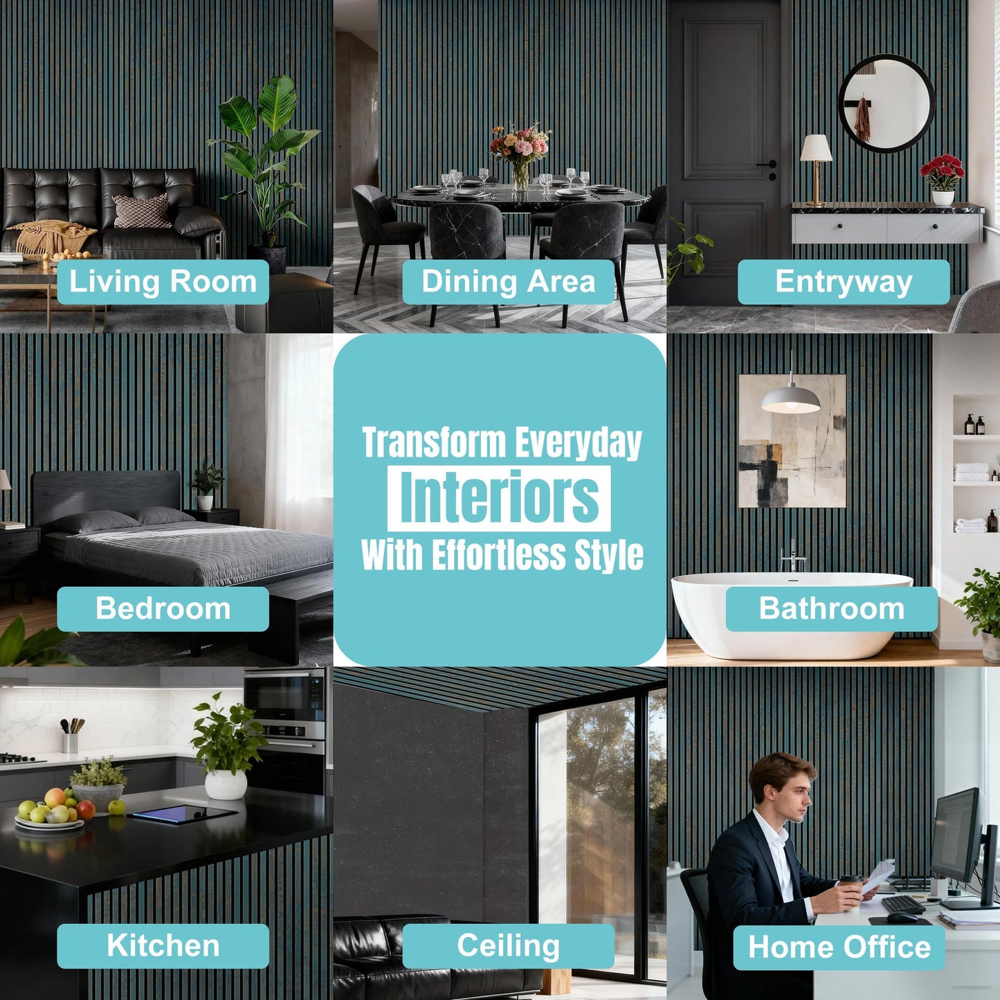 GreenClad Wood Slat Wall Panels for Interior Wall Decor, Acoustic MDF Wall Panels with PET Backing, Easy Install Wall Paneling for Living Room Bedroom Office, Antique Teal Blue Accent (94" x 12.6")
