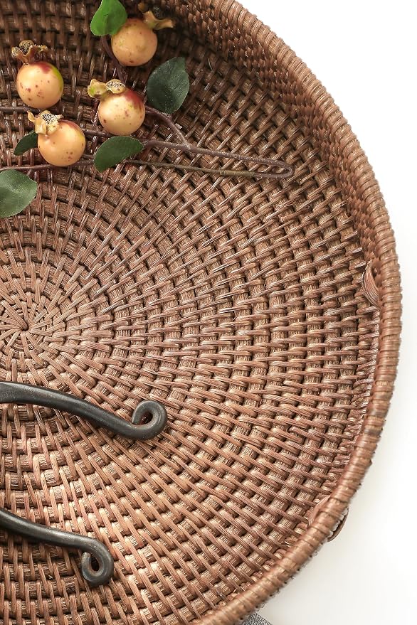 HITOMEN 11.8" Hand-Woven Round Rattan Serving Tray Decorative Wicker Trays with Handles for Coffee Table (Warm Brown-M)