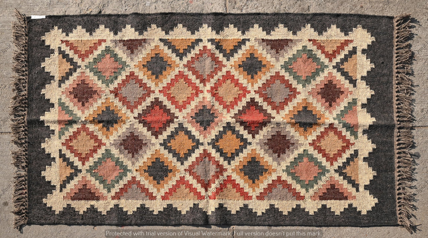 RugsJaipurIndia Boho Kilim Area Rug Wool & Jute Flatweave Handmade Tribal Geometric Rug Southwestern Farmhouse Carpet for Living Room Bedroom Kitchen Entryway 2X3