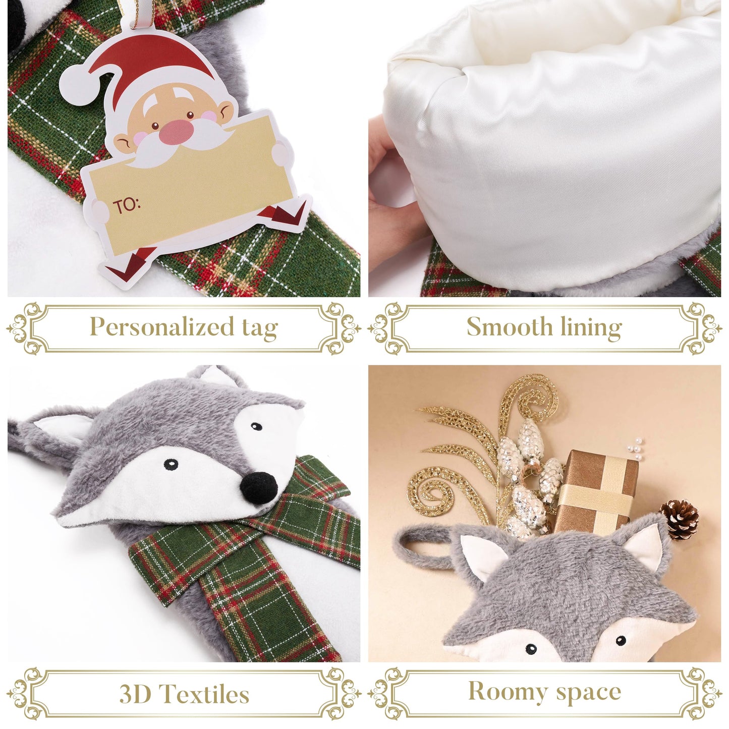 Valery Madelyn Christmas Stockings Decorations, 21 Inch Fabric Fox Silver Exquisite Plush Personalized Fireplace Pet Hanging Ornament for Holiday Xmas Party Decor