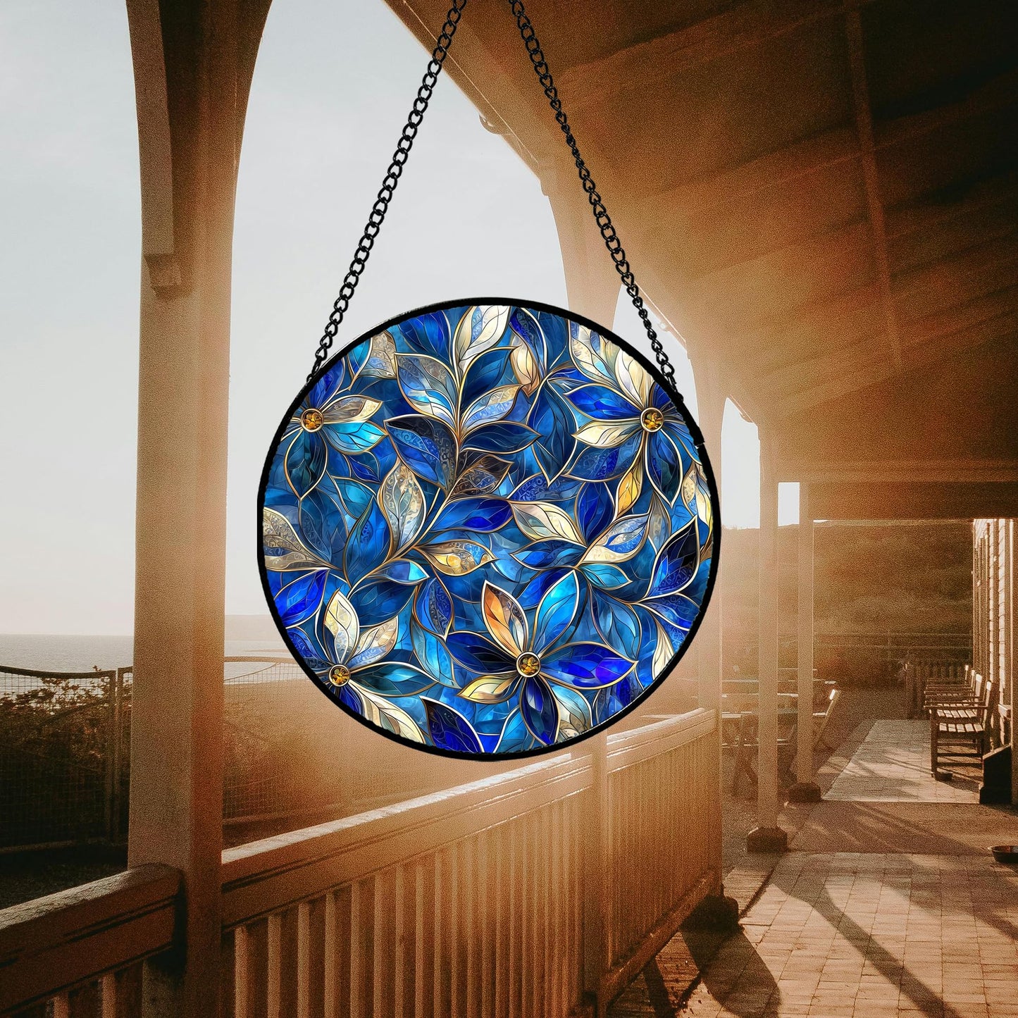 JOSUMALY Stained Glass Window Hanging - Blue Gold Abstract Flowers Suncatcher for Door Terrace Garden Home Decor, Plant Sun Catcher Birthday Gifts for Lovers Women Men Dad Mom Nana 9.8 in
