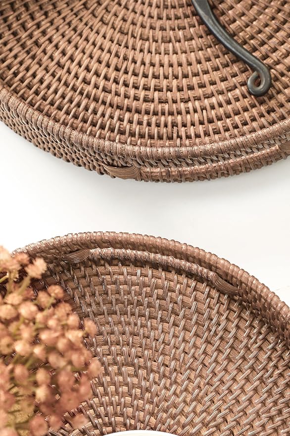 HITOMEN 14.2" Hand-Woven Round Rattan Serving Tray Decorative Ottoman Wicker Platter with Handles for Coffee Table, Breakfast, Drinks, Snack, Bread, Fruit, Vegetables (Warm Brown-L)