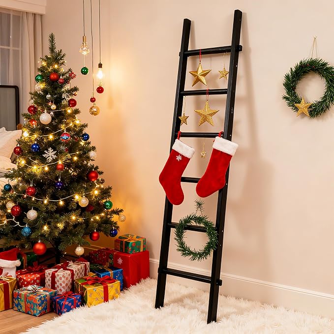 Wooden Blanket Ladder - Natural & Motley Wood - Leaning Wall Decor for Bedroom, Bathroom, Living Room - Rustic Quilt Holder & Towel Rack (Black Wood Color, 76in（6-Tier）)