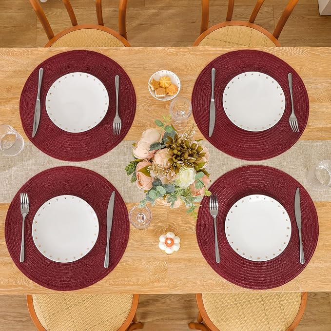 SHACOS Round Placemats Set of 4 for Dining Table 15 inch Round Braided Place Mats Washable Non Slip Kitchen Table Mats, Burgundy