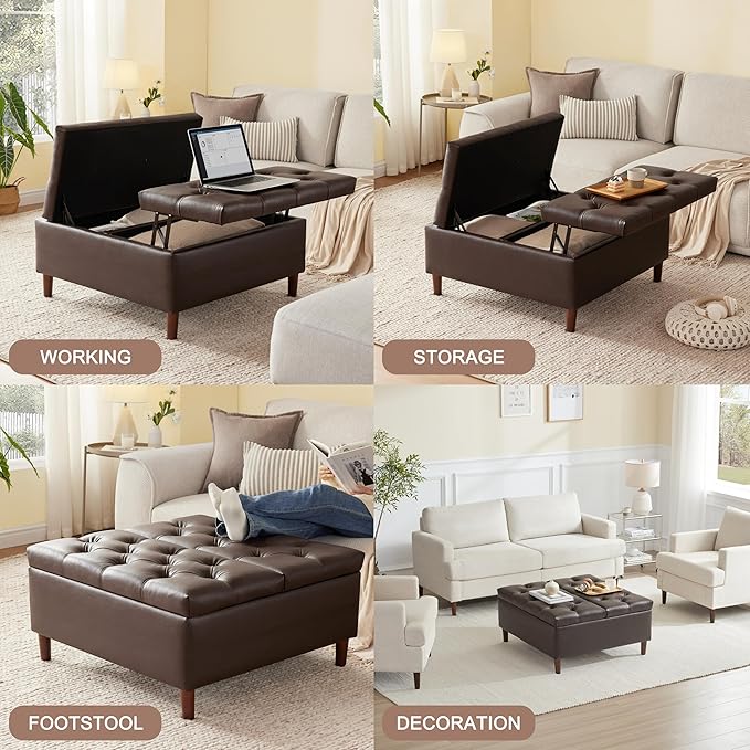 Weture 35 Inch Extra Large Storage Ottoman Coffee Table, No Assembly Required, Oversized Square Ottoman with Storage, Tufted Upholstered Ottomans Coffee Table for Living Room (Leather, Brown)