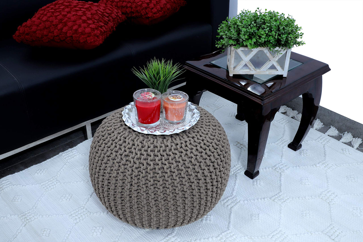 FRELISH DECOR Round Pouf Ottoman Hand Knitted 100% Cotton Pouf - Foot Stool - Knitted Bean Bag - Floor Chair for Living Room Bedroom - Foot Rest for Couch (20 Diameter x 14 Height) - Beige