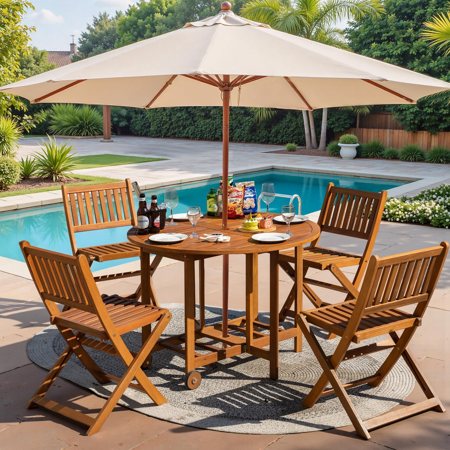 Greesum 5 Piece Patio Dining Set Outdoor Acacia Wood Furniture All-Weather Folding Round Table and Chairs for Backyard, Balcony, Porch, Deck, Garden, Light Brown