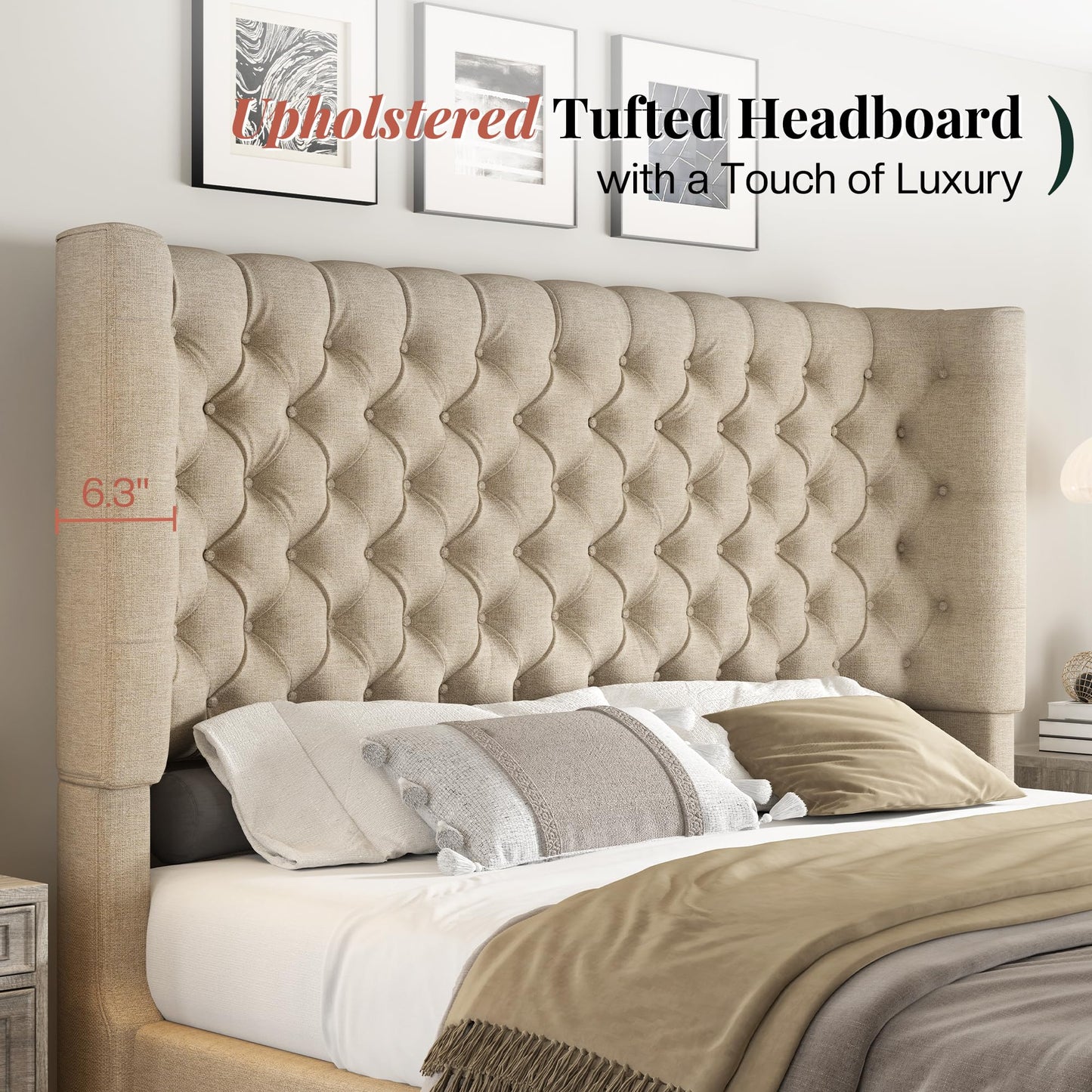 Jocisland Queen Size Platform Bed Frame, 6.3" Thick Upholstered Curved Wingback Headboard and Footboard with Deep Button Tufted, Easy Assembly, No Box Spring Needed, Khaki Linen