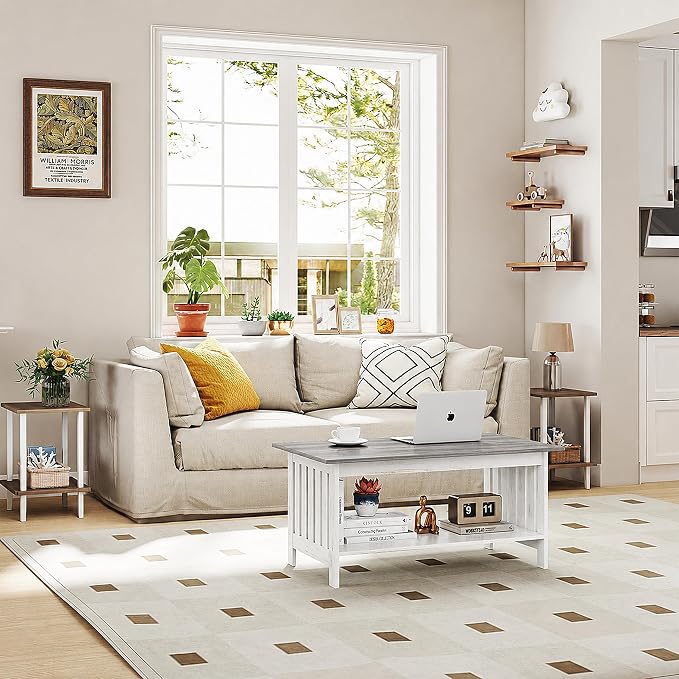 YOSHOOT 39.4" Farmhouse Coffee Table, Small Coffee Tables for Living Room | Grey, 2 Tier Coffee Table with Storage, Tea Table for Living Room Bedroom Small Space