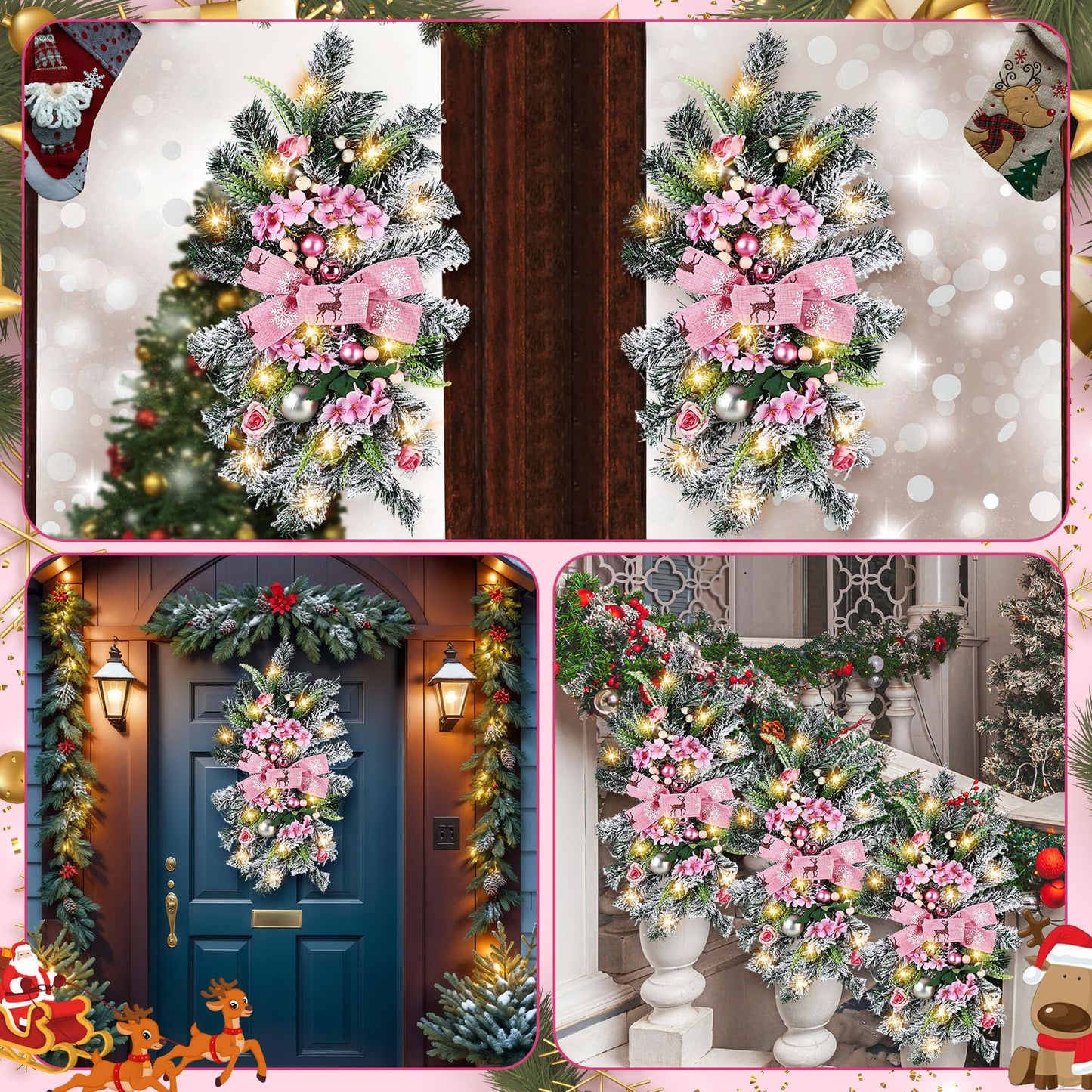 Lyrow 4 Pcs Cordless Prelit Christmas Artificial Swags 24" Xmas Stairway Swag Teardrop Trim with Timer Christmas Staircase Decoration Battery Operated Garland for Indoor Outdoor Railing Decor, Pink