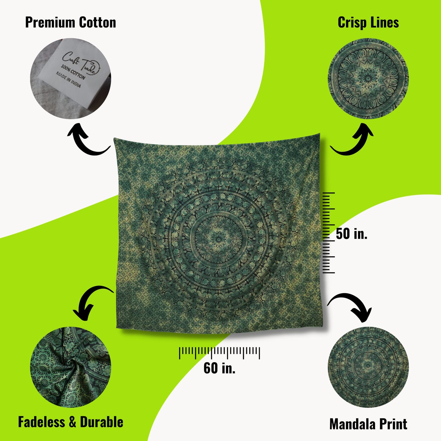 Craft Trade Indian Cotton Mandala Wall Hanging Tapestry for Aesthetic Boho Hippie Living Room, Meditation & Bedroom Décor - Green - 50x60 Inches