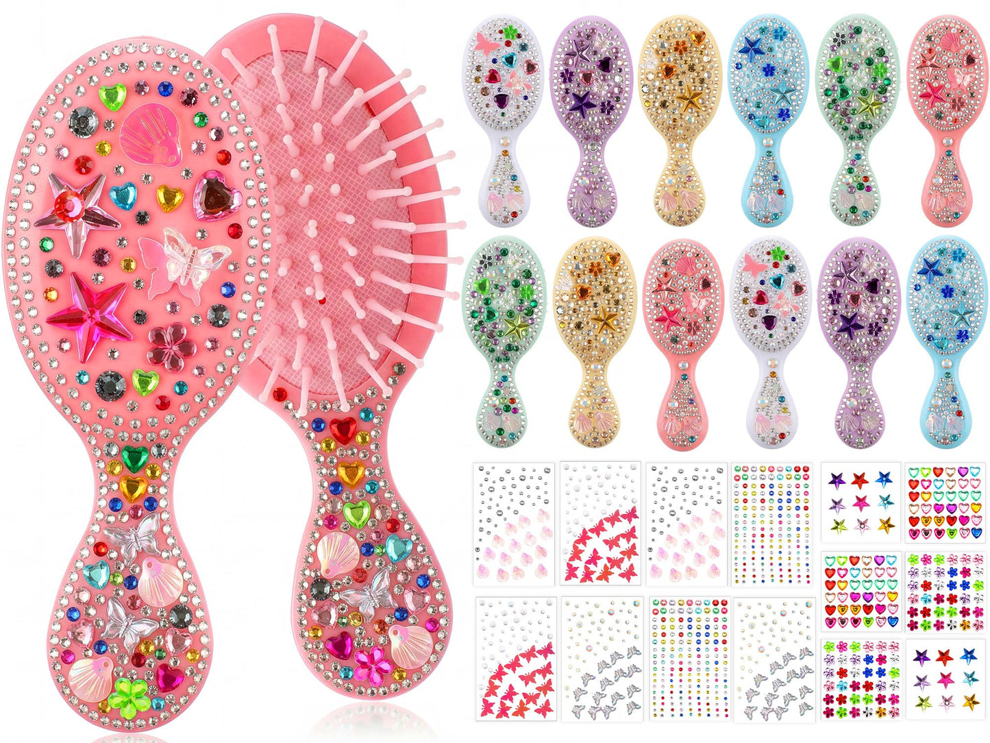 Ferrochef 12 Sets Hair Brush Decorating Kit DIY Mini Hair Brush with Gem Stickers Make Your Own Hairbrush Self-adhesive Rhinestone Stickers Craft Kit for Women Party Gifts