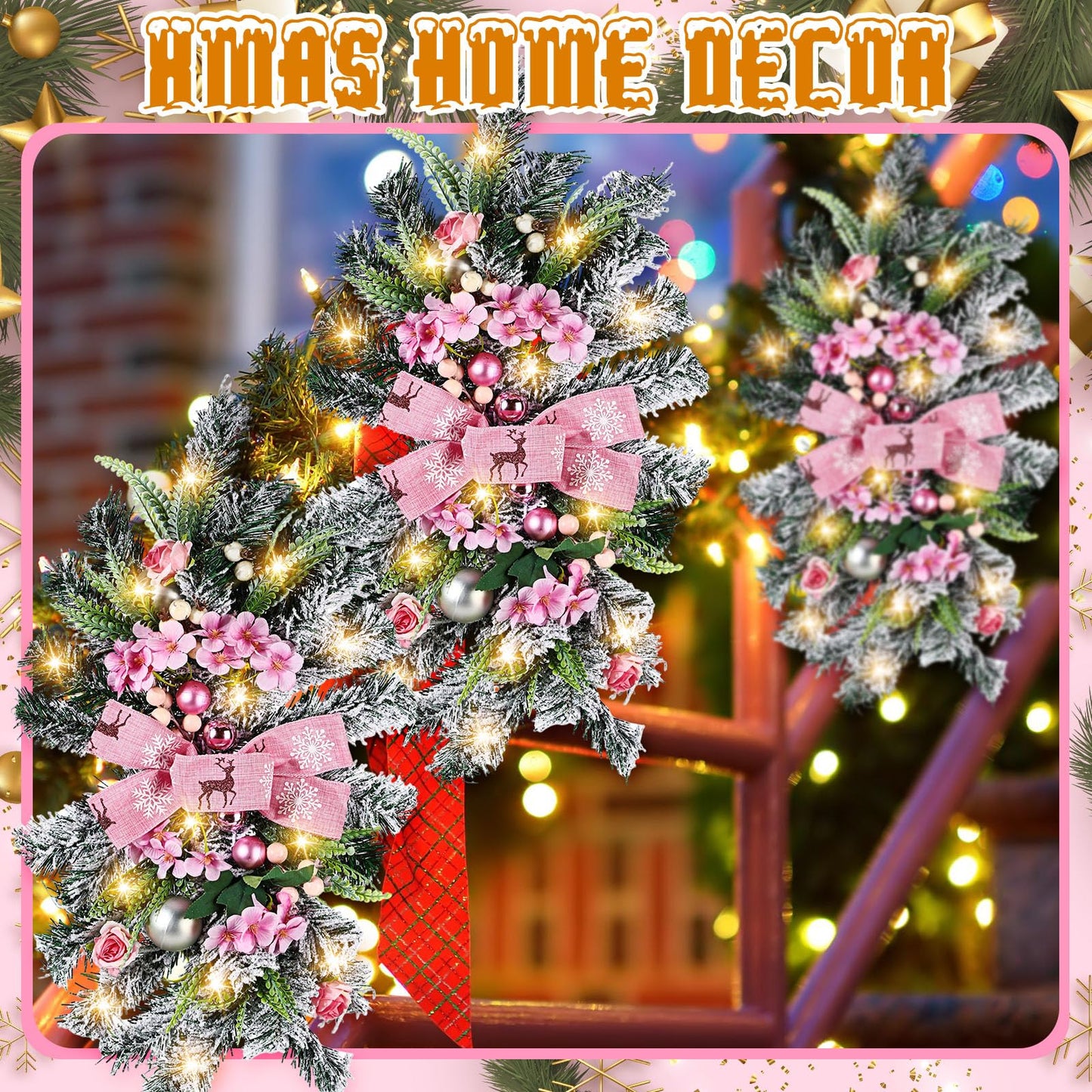 Lyrow 4 Pcs Cordless Prelit Christmas Artificial Swags 24" Xmas Stairway Swag Teardrop Trim with Timer Christmas Staircase Decoration Battery Operated Garland for Indoor Outdoor Railing Decor, Pink