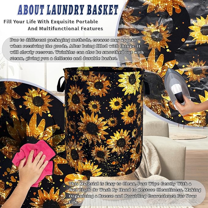 Beautiful Sunflower Laundry Basket Foldable Oxford Cloth Yellow Floral Laundry Hamper With Handle Portable Clothes Storage Organizer Basket 18.9"x16.5" Storage Bag For Laundry Room/Bathroom/Bedroom