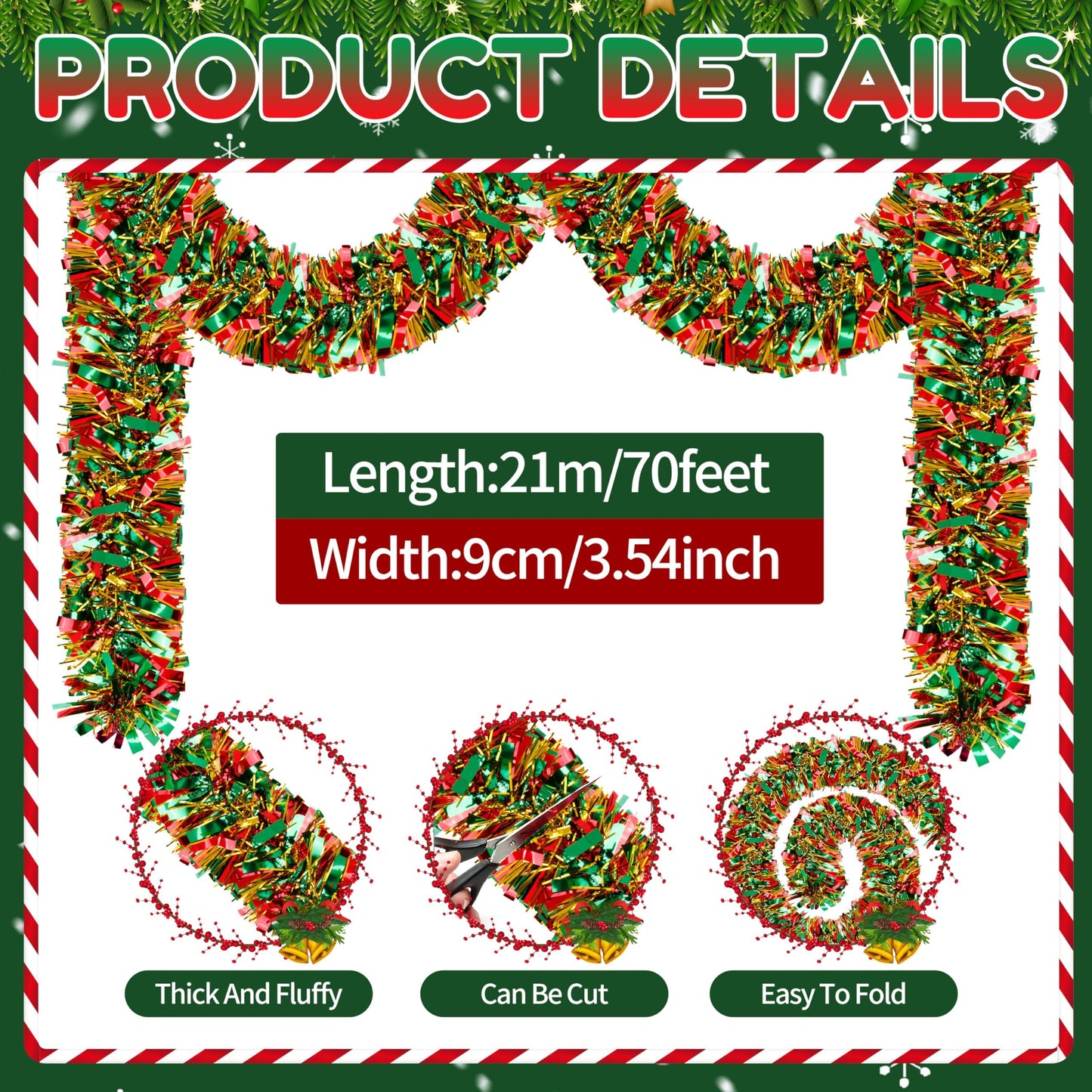 70 Ft Christmas Tinsel Garland Metallic Tinsel Twist Garland Glitter Christmas Tree Hanging Decorations for New Year Party Birthday Holiday Indoor Outdoor Supplies (Mix 2)