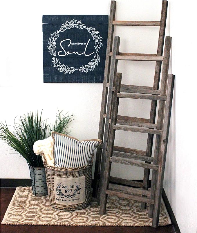 BARNWOODUSA Rustic Farmhouse Decorative Ladder - Our 6 ft Ladder can be Mounted Horizontally or Vertically and is Crafted from Upcycled Wood No Assembly Required Weathered Gray