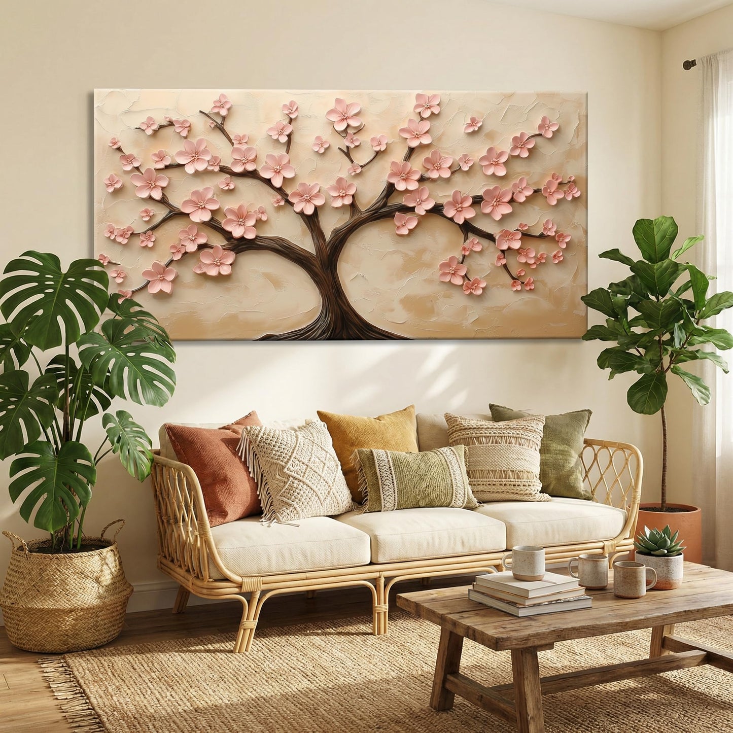 BirdSuite 3D Pink Cherry Blossom Tree Wall Art, Canvas Print Wall Decor for Living Room, Modern Floral Painting, Ready to Hang-58x29 Inches
