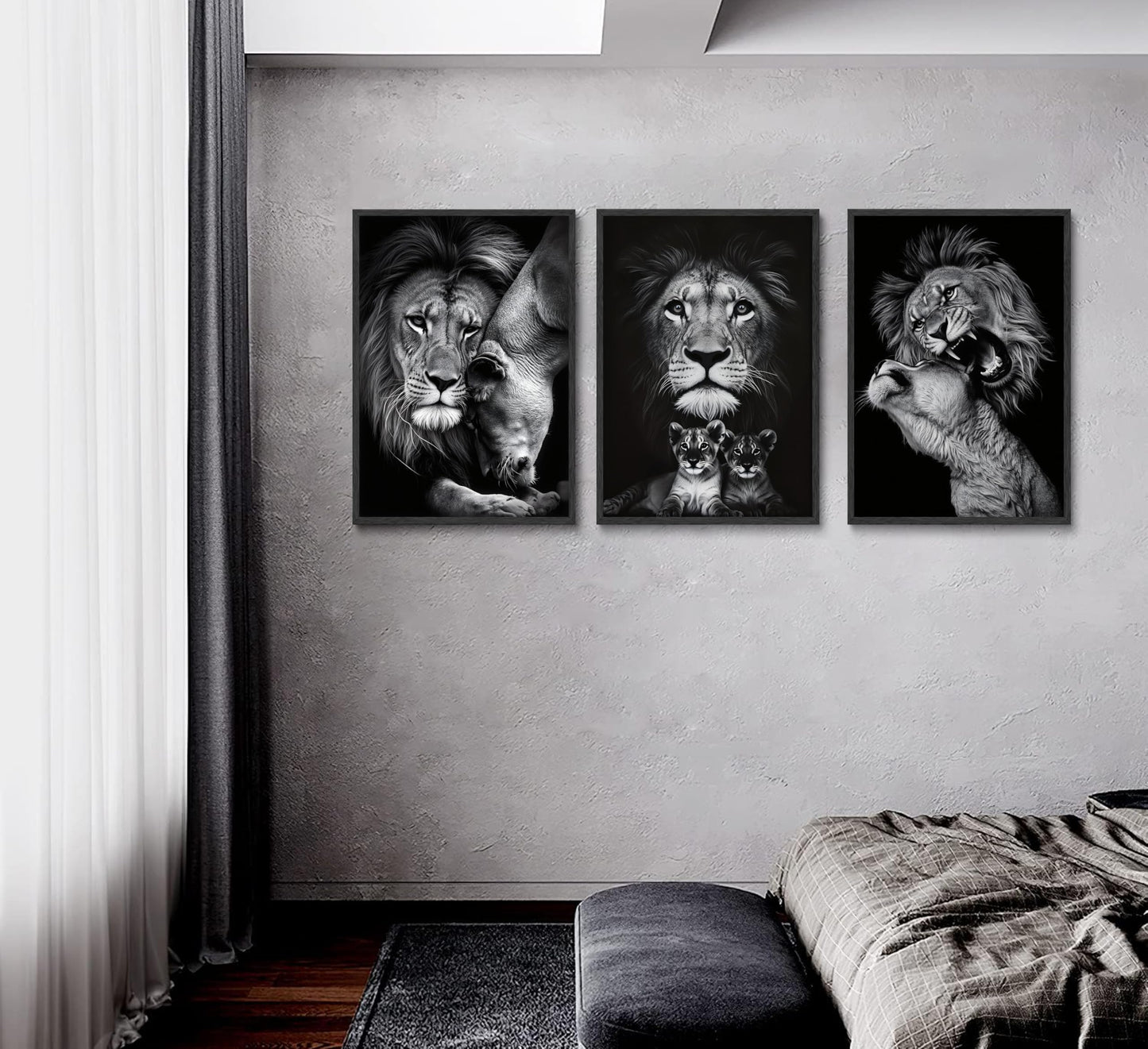 3pcs Black and White Lion Family Triptych Wall Art Canvas Paintings Animal Posters Prints Pictures Wall Decor for Bedroom Living Room Office Decoration Unframed
