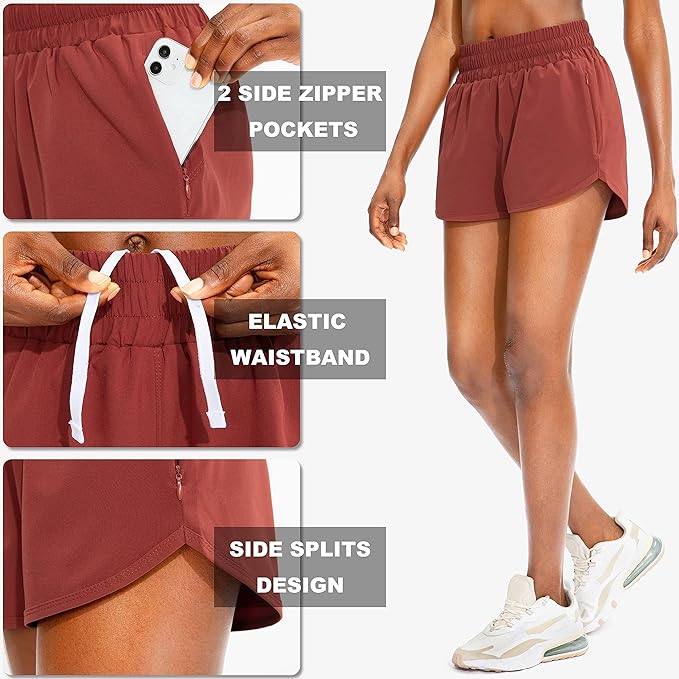 SANTINY Women's Running Shorts with Zip Pockets High Waisted Athletic Workout Gym Shorts for Women with Liner