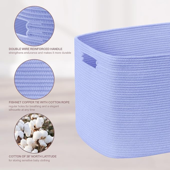 45L Small Baby Girls Laundry Basket for Nursery Storage,Cute Woven cotton Rope Baskets for Kids Toy，Gifts, Boho Square Wicker Blanket hamper for Living Room,Bedroom Dirty Clothes,Blue Purple