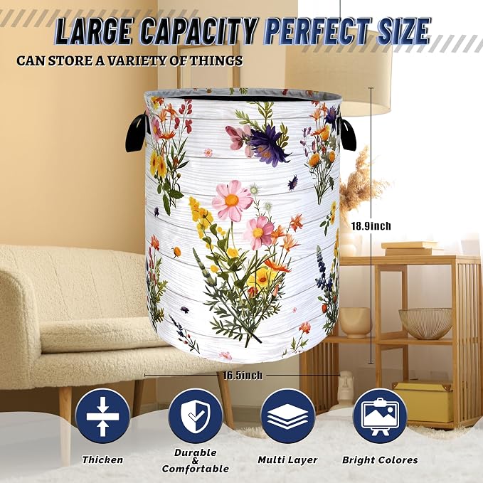 Hawaii Flowers Laundry Basket Foldable Oxford Cloth Colorful Floral Laundry Hamper With Handle Portable Clothes Storage Organizer Basket 18.9"x16.5" Storage Bag For Laundry Room/Bedroom/Dormitories