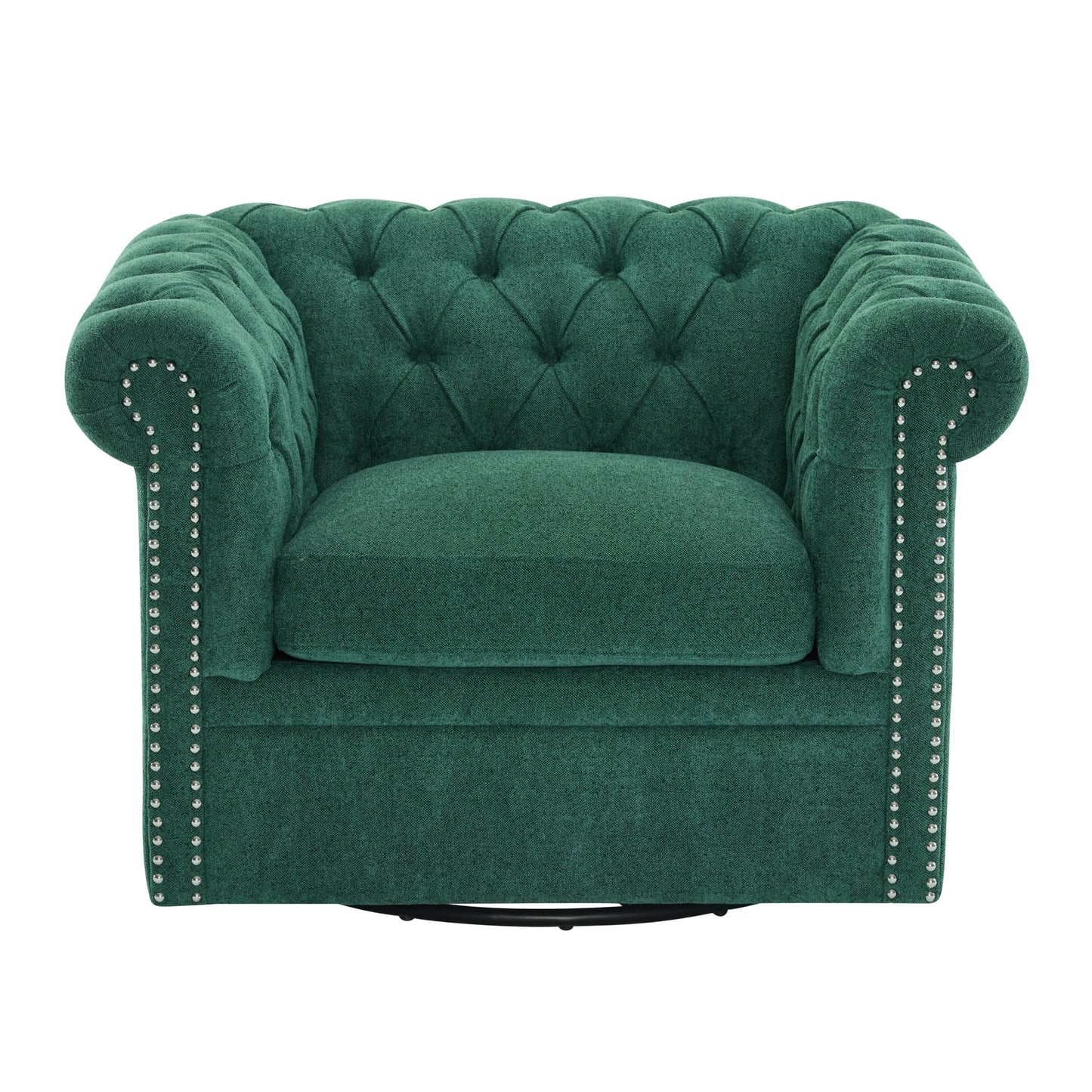 Christopher Knight Home Oakley Chesterfield Fabric Upholstered Club Chair, Button-Tufted 360° Swivel Sofa, Scrolled Arm Living Room Sofa, No Assembly Required Furniture, Dark Green