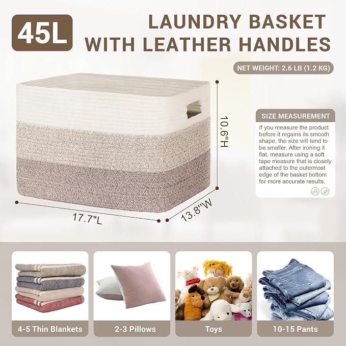 45L Small Laundry Basket with Leather Handles for Living Room Storage, Woven Rope Baskets Bin for Blanket, Kids Toy, Gifts, Wicker Hamper for Bedroom Dirty Clothes, 18"x14"x11" Gradient Brown