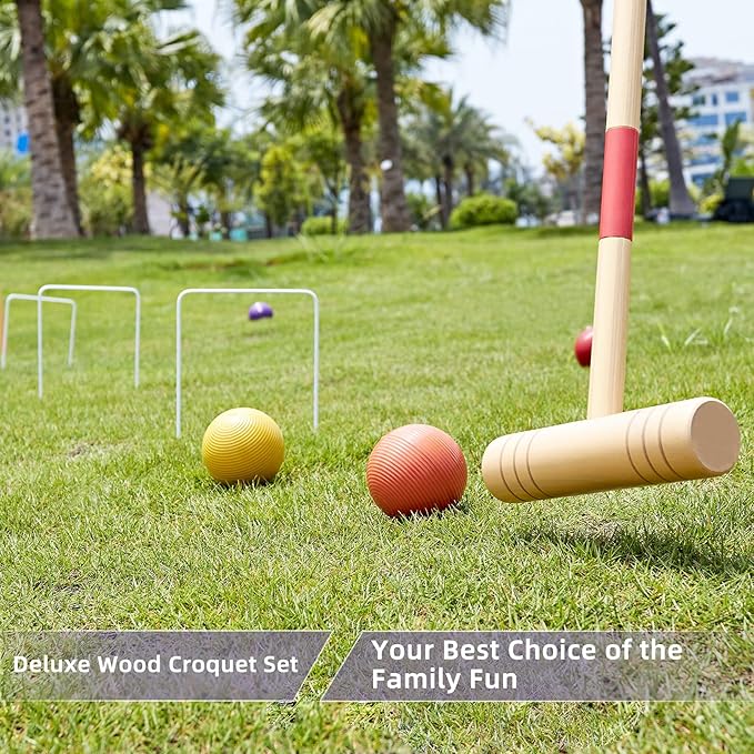 ApudArmis 32In Six Player Croquet Set with Deluxe Premiun Pine Wooden Mallets,Colored Ball,Wickets,Stakes - Lawn Backyard Game Set for Adults/Teens/Family (Large Carry Bag Including)