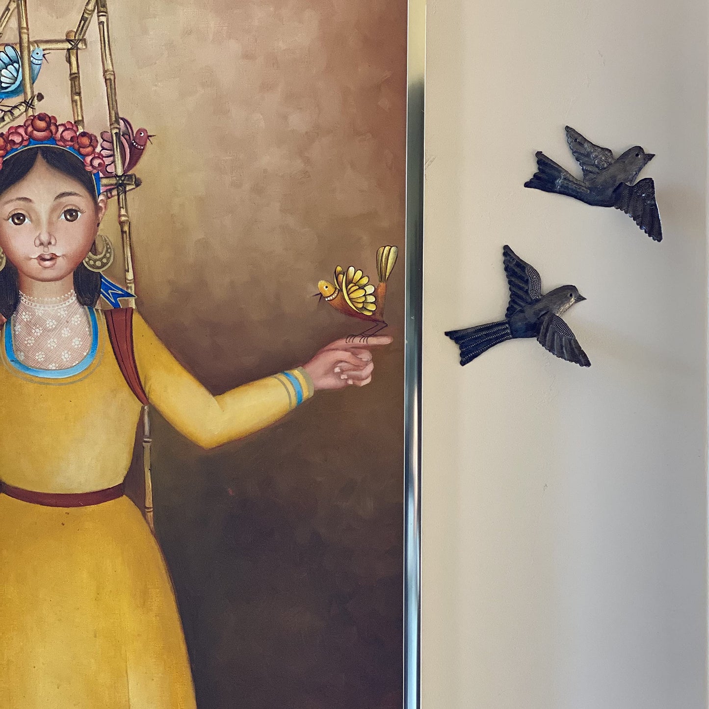 Bird Metal Wall Decor, Set of 5, 3D Wings, Small Hanging Birds, Ornaments, Bird Lovers Collection, Indoor Outdoor Hanging Figurines, Fall Decor Handmade in Haiti 5 x 4.5 inches